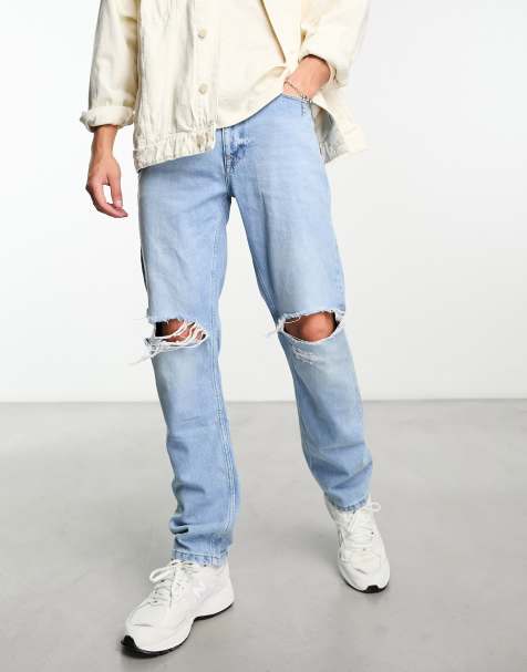 ASOS DESIGN straight leg jeans with rips in light blue wash - view 1