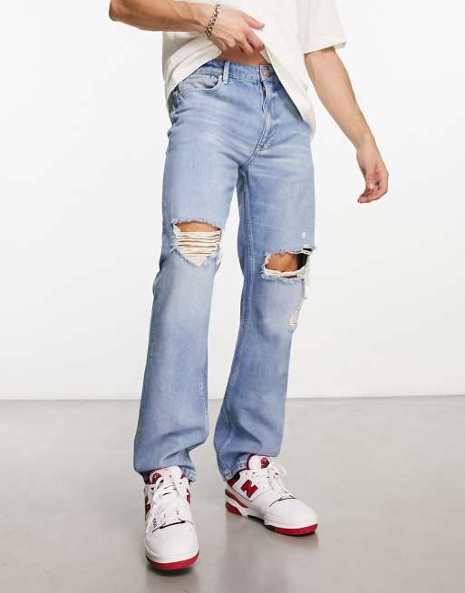 ASOS DESIGN straight leg jeans with rips in vintage light wash 