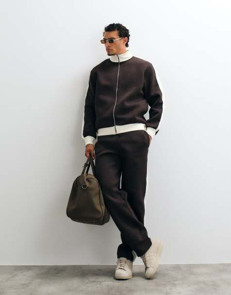 ASOS DESIGN straight leg jogger in scuba-style fabric with pique panels in brown - view 1
