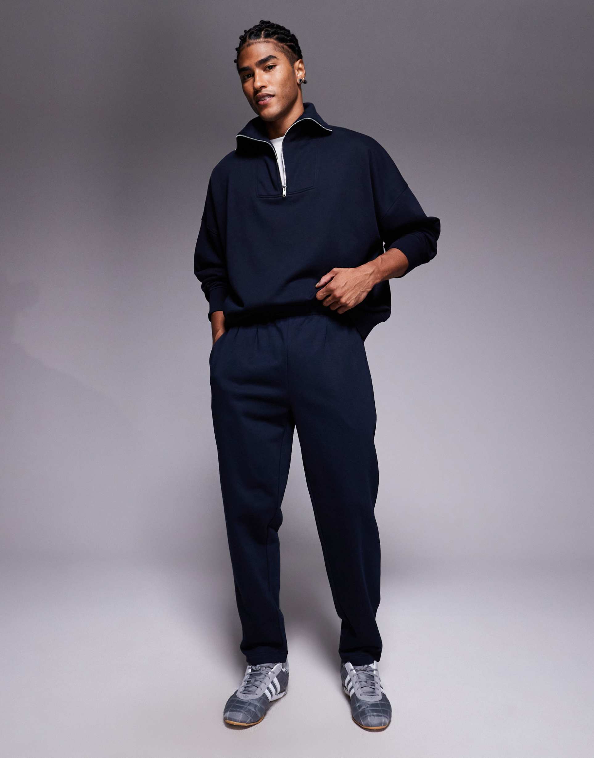 ASOS DESIGN straight leg joggers with pleats in navy
