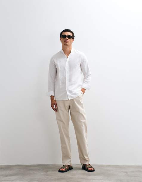 ASOS DESIGN straight leg linen blend pants in stone - view 1