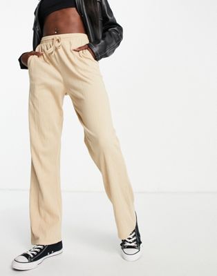 ASOS DESIGN straight leg pant in crinkle cotton jersey in neutral | ASOS