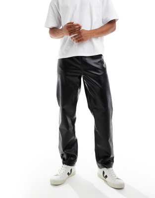 Asos Design Baggy Leather Look Pants In Black In Black