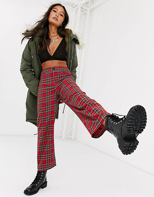 ASOS DESIGN straight leg pants in red plaid check