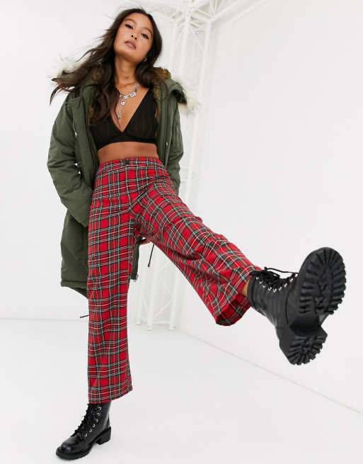 Fitted Slim-fit Pants - Red/plaid - Ladies