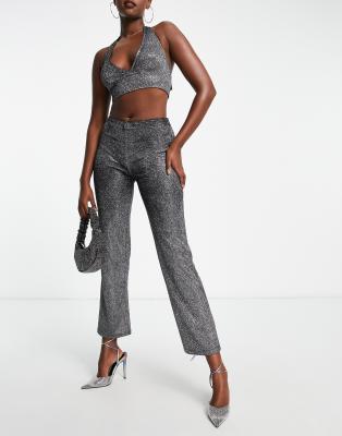 Asos Design Straight Leg Pants In Sparkle Silver - Part Of A Set
