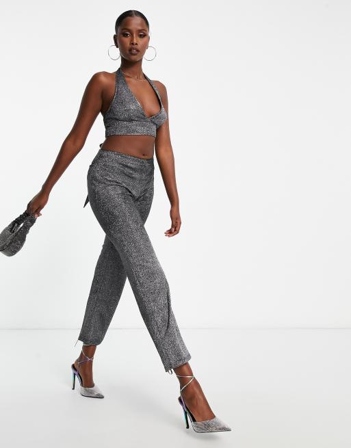 ASOS DESIGN straight leg pants in sparkle silver - part of a set