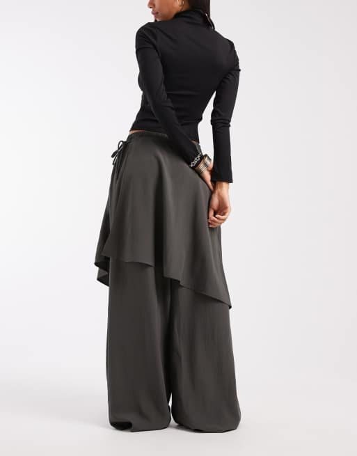 ASOS DESIGN straight leg pants with skirt detail in charcoal, 3 of 5
