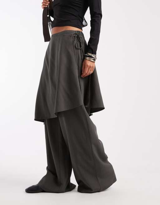 ASOS DESIGN straight leg pants with skirt detail in charcoal, 5 of 5