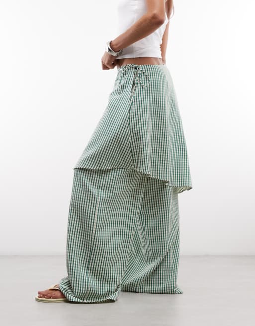 ASOS DESIGN straight leg pants with skirt detail in green check, 2 of 5