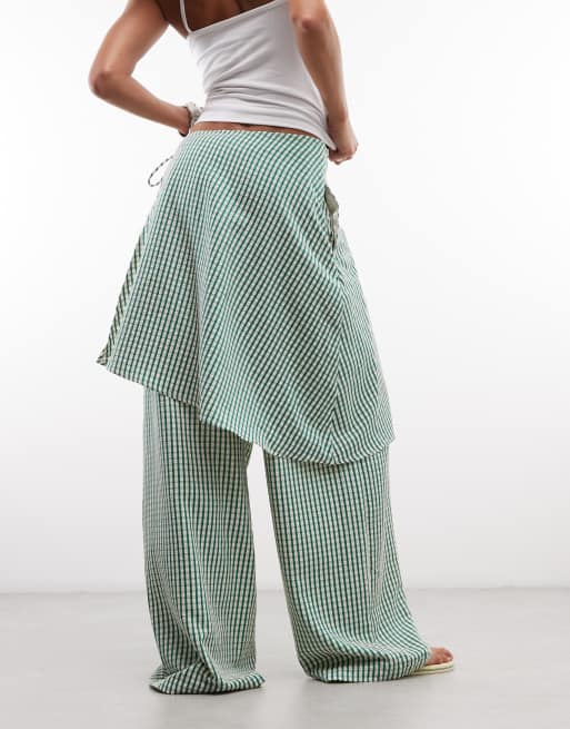 ASOS DESIGN straight leg pants with skirt detail in green check, 4 of 5