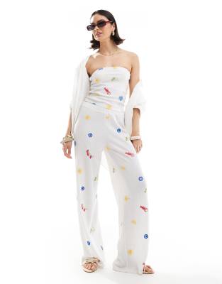 Asos Design Straight Leg Pants With Vacation Embroidery