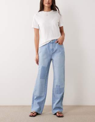Asos Design Straight Leg Patchwork Jeans In Blue