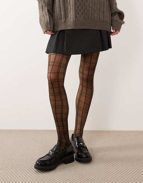 ASOS DESIGN straight leg plaid tights in dark green - view 1