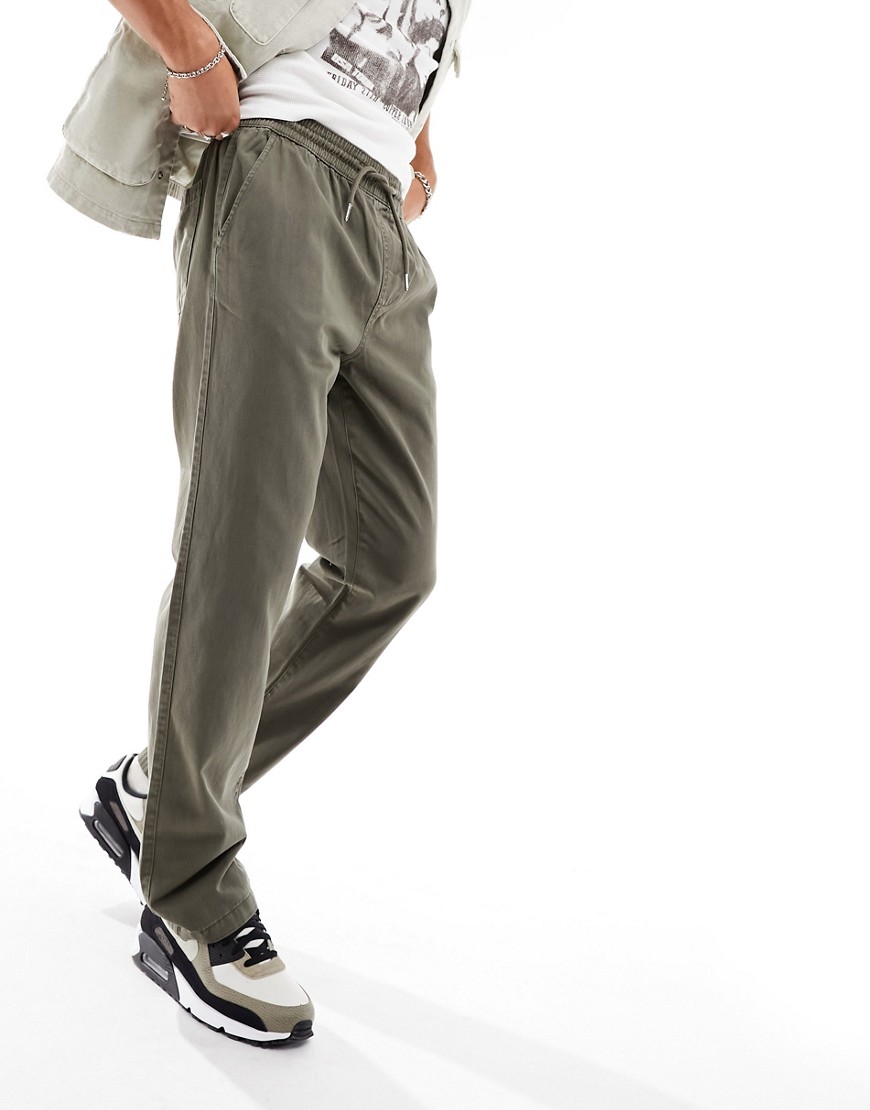 straight leg pull on pants in khaki with elastic waist-Green