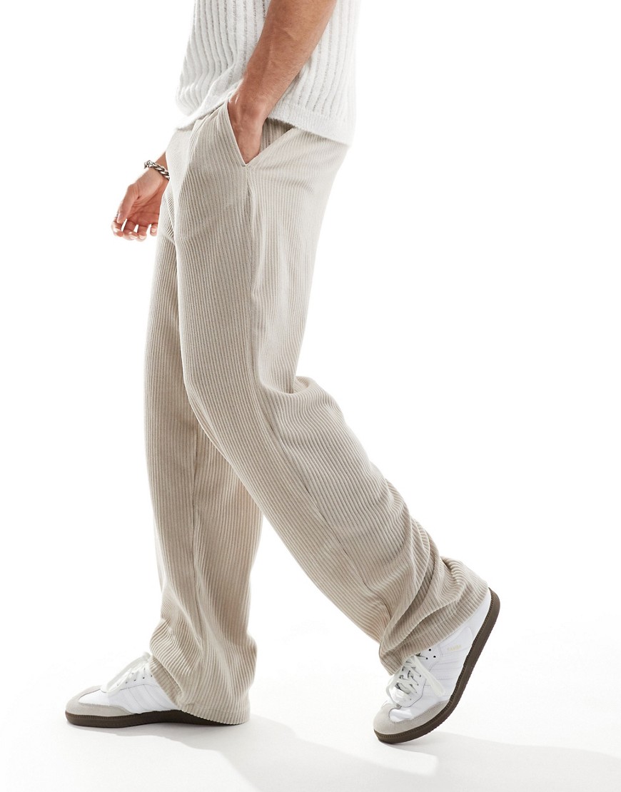 Asos Design Straight Leg Ribbed Velour Sweatpants In Beige-neutral