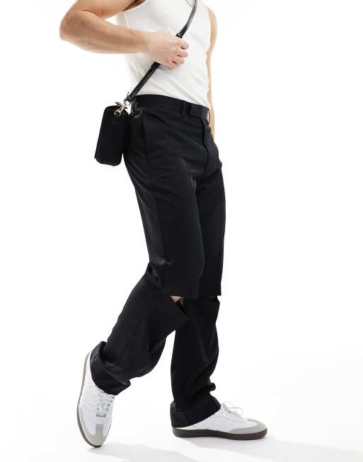 ASOS DESIGN straight leg satin pants with knee slits in