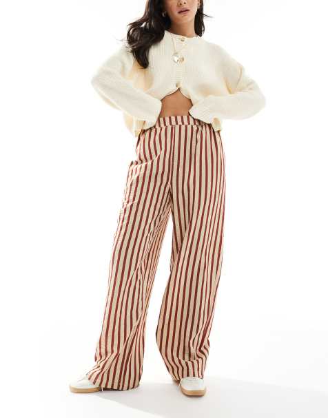 ASOS DESIGN straight leg seersucker trousers in rust stripe - view 1