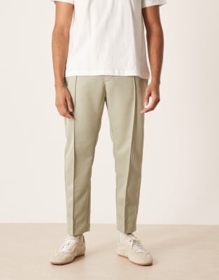 ASOS DESIGN ASOS DESIGN straight leg smart cropped trouser with pintuck detail in sage green-Grey