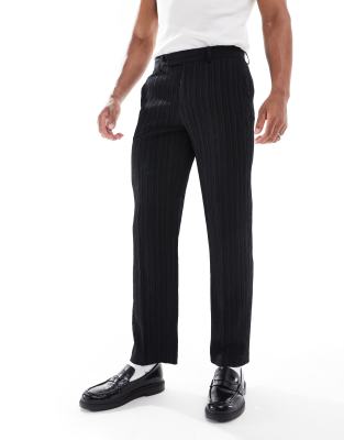 straight leg suit pants in black textured fabric