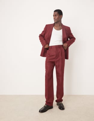 straight leg suit pants in burgundy matte satin-Red