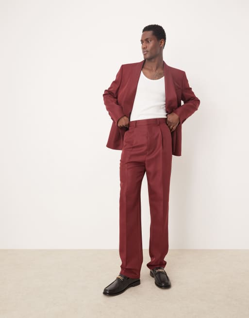 ASOS DESIGN straight leg suit pants in burgundy matte satin