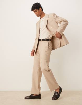 straight leg suit pants in heathered stone pinstripes-Neutral