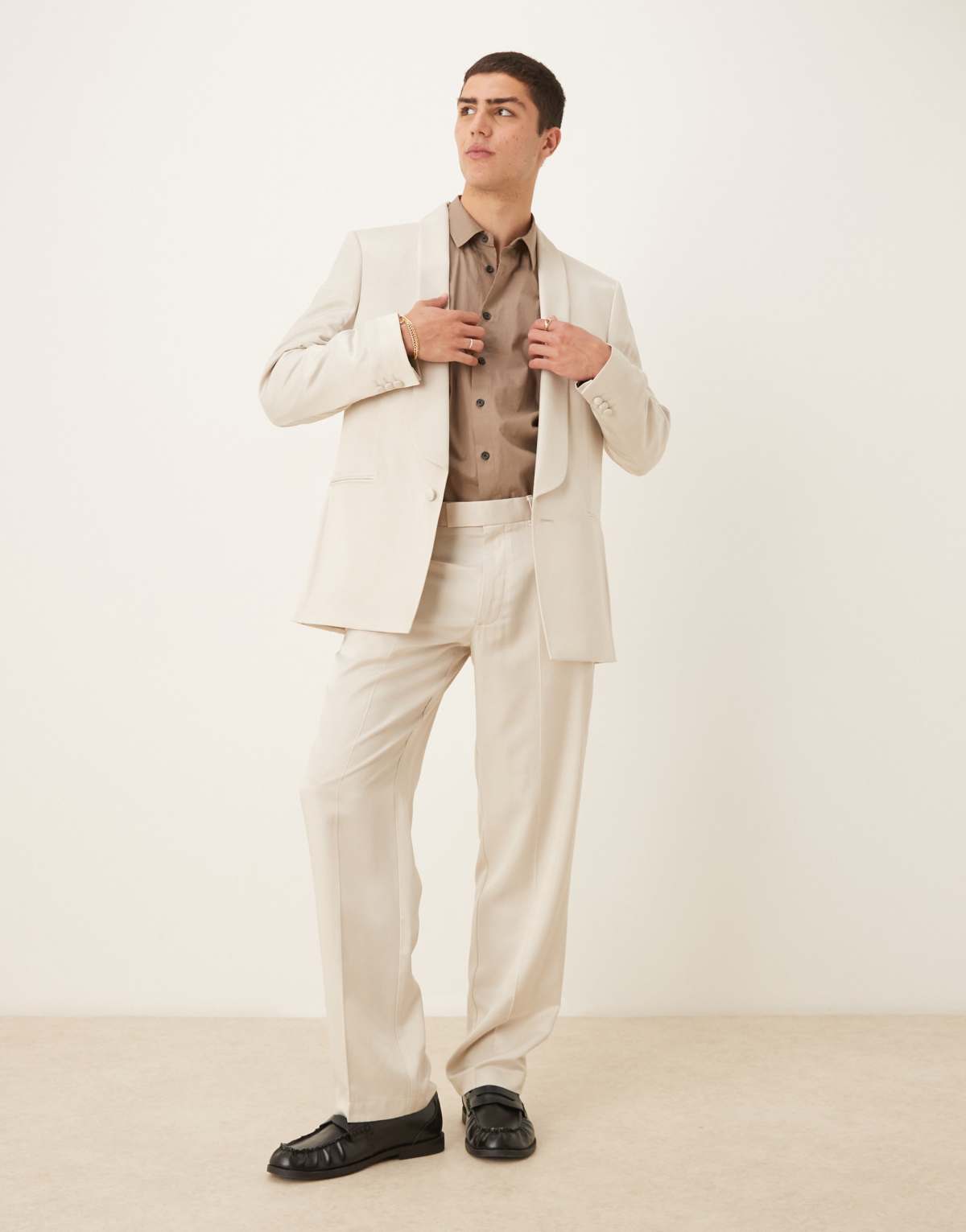 ASOS DESIGN straight leg suit trousers in beige satin