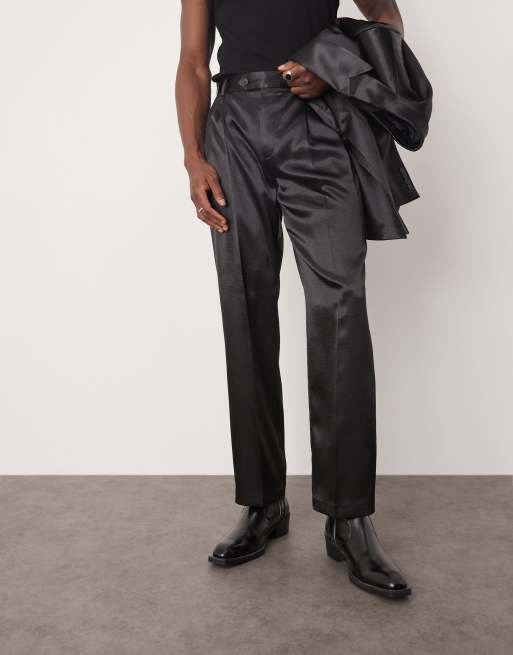 ASOS DESIGN straight leg suit trousers in black satin ASOS
