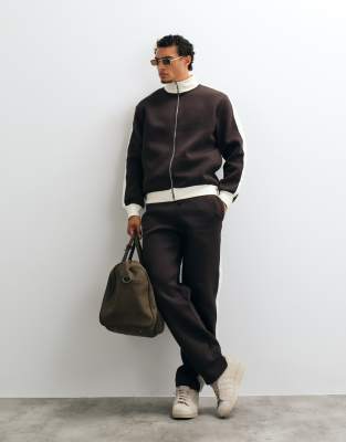Asos Design Straight Leg Sweatpants With Piqué Panels In Brown