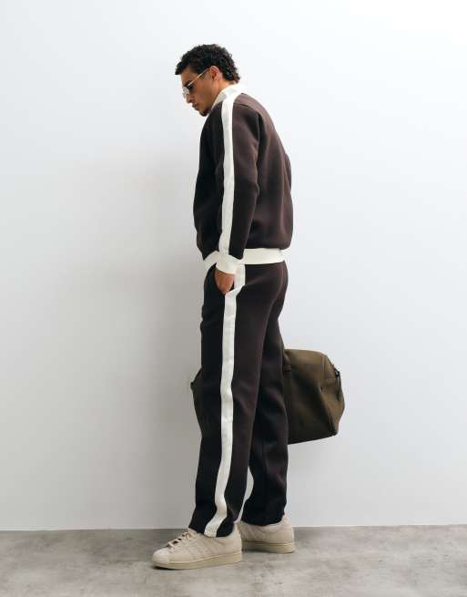 ASOS DESIGN straight leg sweatpants with piqué panels in brown scuba-style fabric, 3 of 5