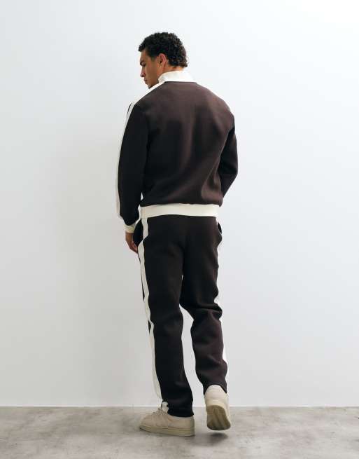 ASOS DESIGN straight leg sweatpants with piqué panels in brown scuba-style fabric, 5 of 5