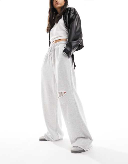 Kaiia Wide Leg Sweat Pants In Grey Marl