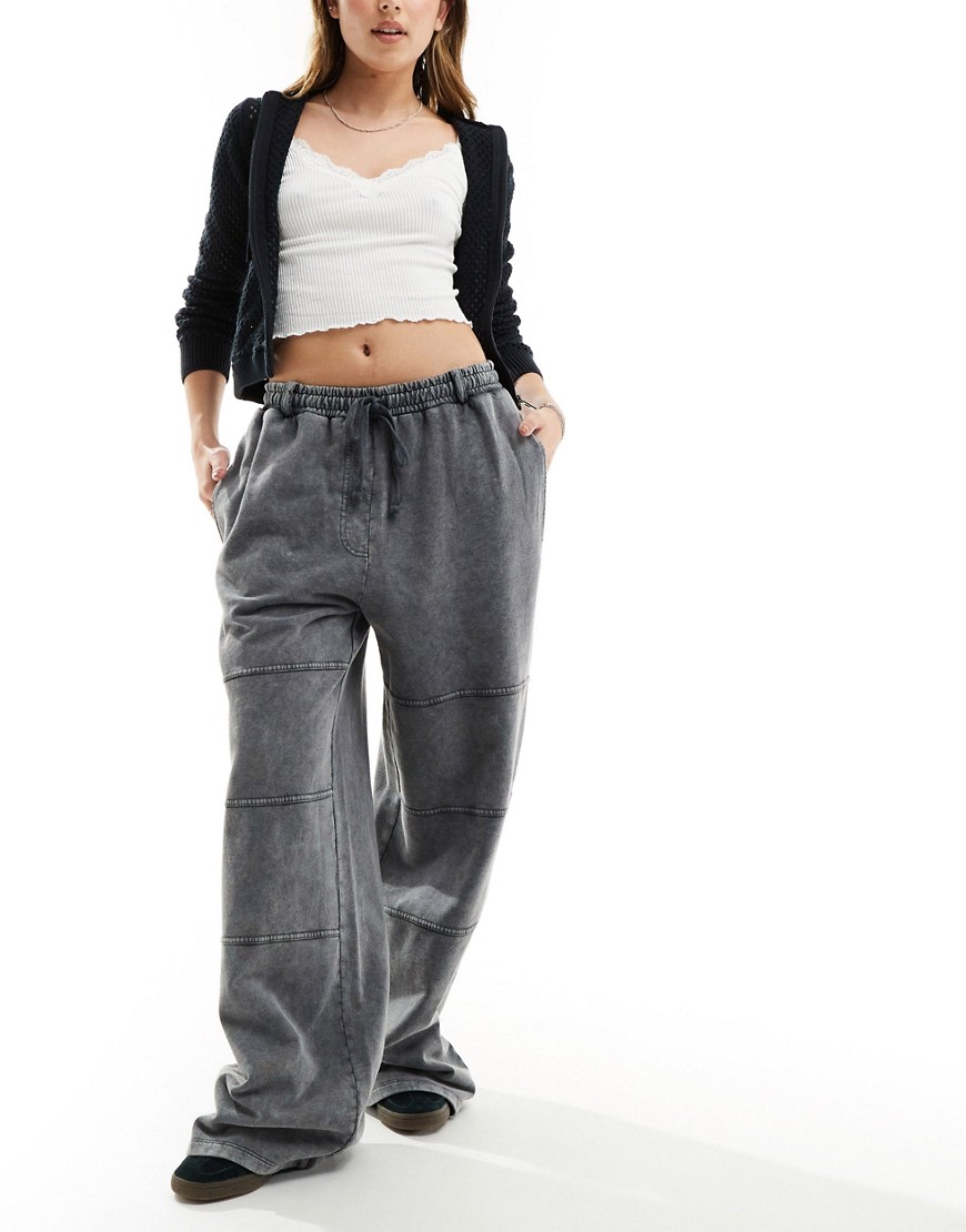 Asos Design Straight Leg Sweatpants With Seam Details In Charcoal Acid Wash-gray