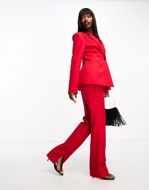 ASOS DESIGN straight leg tailored pants with split in red