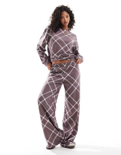 ASOS DESIGN straight leg trackies with check in brown (part of a set)
