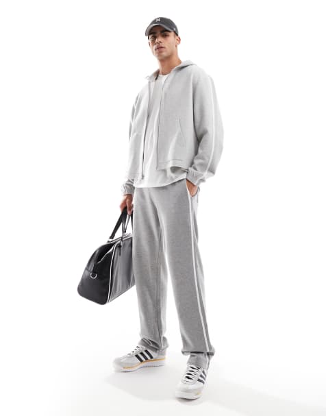 ASOS DESIGN straight leg trackies with textured side stripes in grey marl - view 1