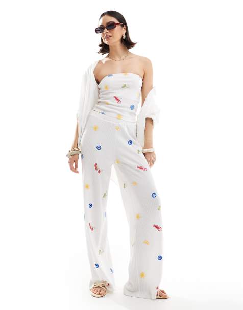 ASOS DESIGN straight leg trouser co-ord with holiday embroidered in white - view 1