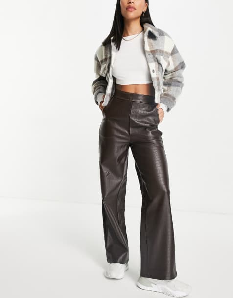 ASOS DESIGN straight leg trouser in croc PU in chocolate brown