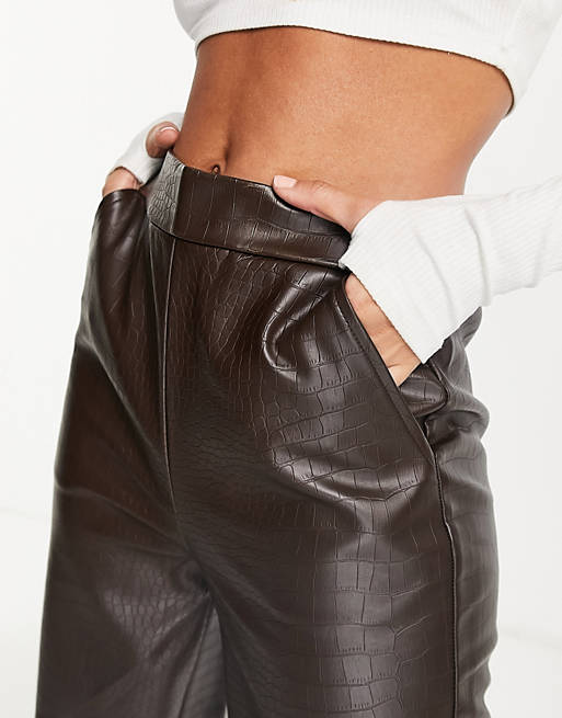 Women straight leg trouser in croc PU in chocolate brown 
