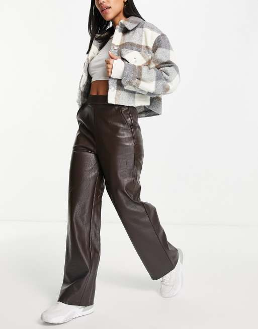 ASOS DESIGN straight leg trouser in croc PU in chocolate brown ASOS