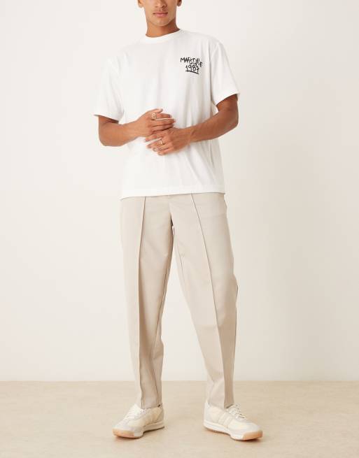 ASOS DESIGN straight leg trouser with elasticated waist band and pintucks in stone, 2 of 5