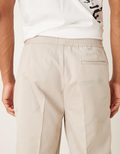 ASOS DESIGN straight leg trouser with elasticated waist band and pintucks in stone, 4 of 5