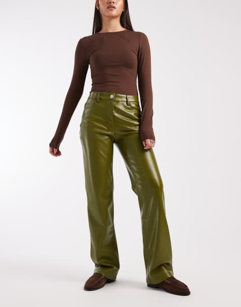 ASOS DESIGN straight leg trousers in faux leather in olive - view 1