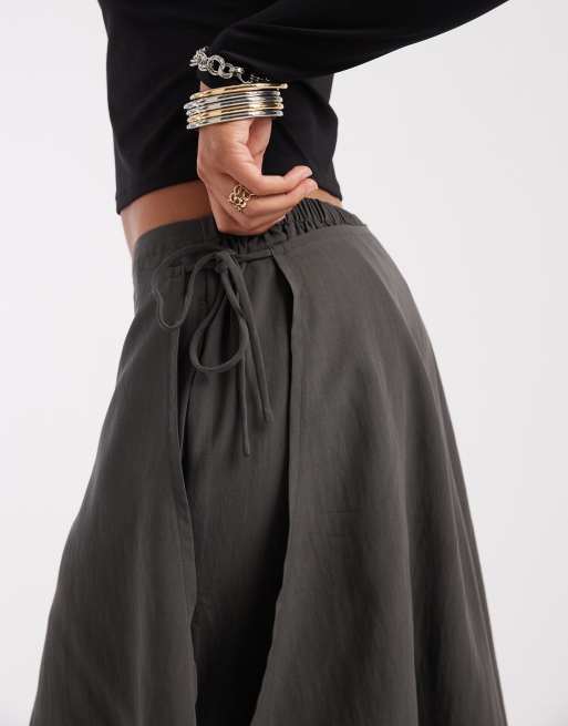 ASOS DESIGN straight leg trousers with skirt detail in charcoal, 2 of 5
