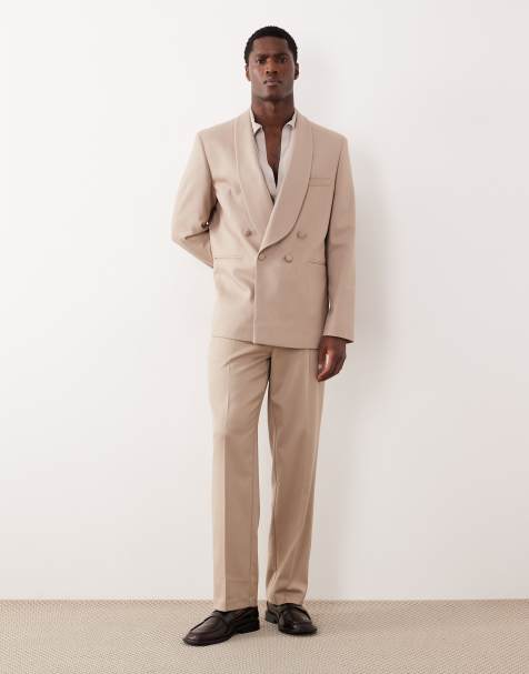 ASOS DESIGN straight leg tuxedo pants in stone contrast twill - view 1