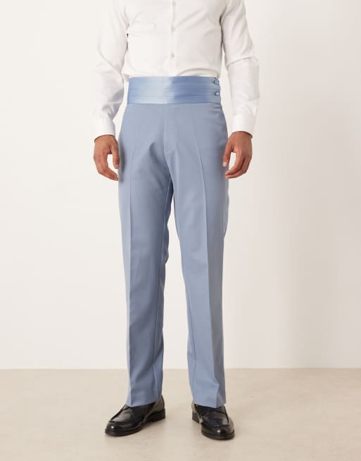 ASOS DESIGN straight leg tuxedo suit pants with cummerbund waistband in blue