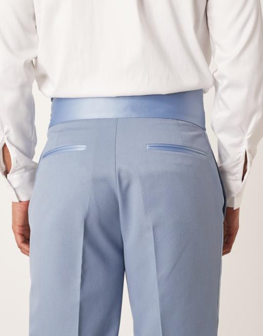 ASOS DESIGN straight leg tuxedo suit pants with cummerbund waistband in blue