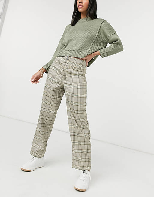  straight leg zip front trouser in brown check 