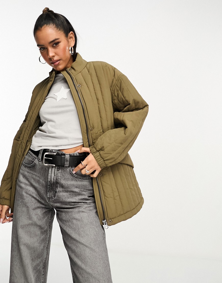 ASOS DESIGN straight line quilted cotton jacket in khaki-Green